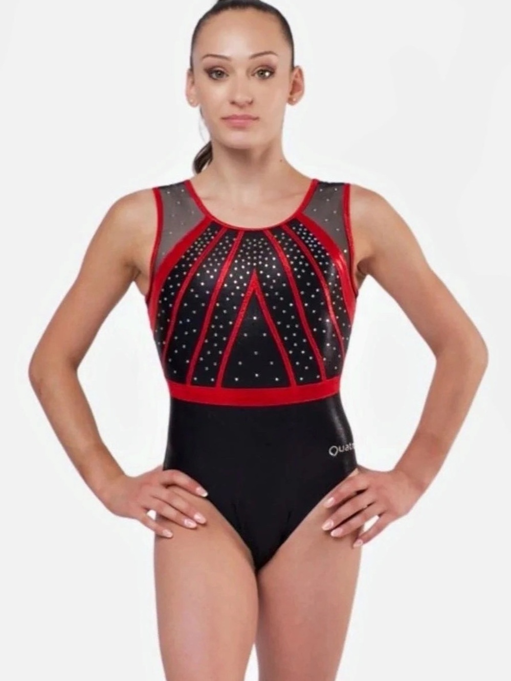 Quatro Contour Black & Red Rhinestone Leotard